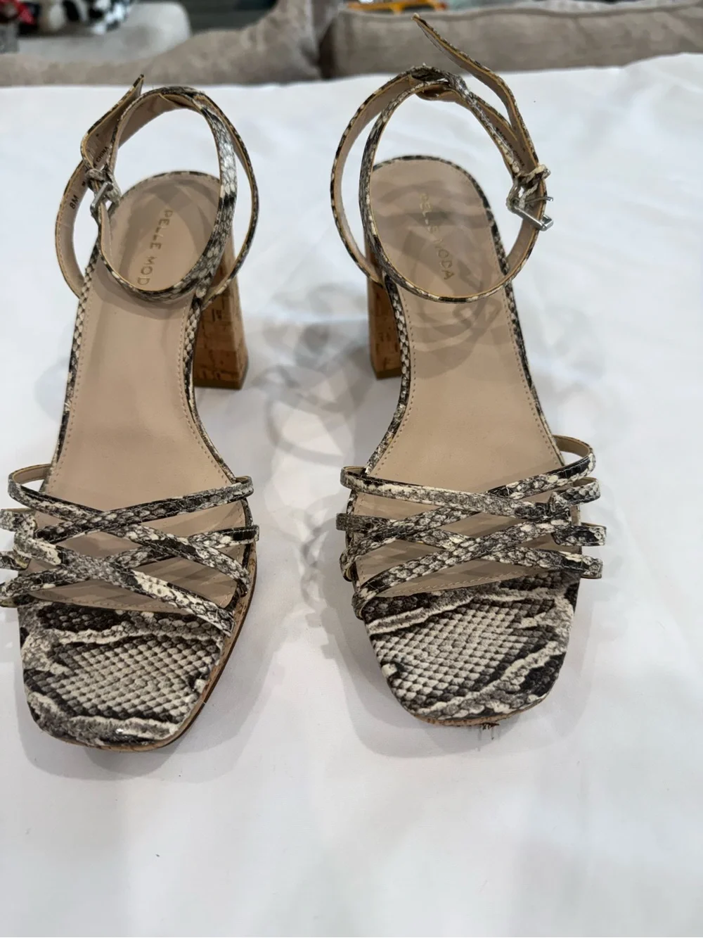 PELLE MODA Amy Ankle Strap Block 3.5 Heel Platform Leather Snake Skin Sandals